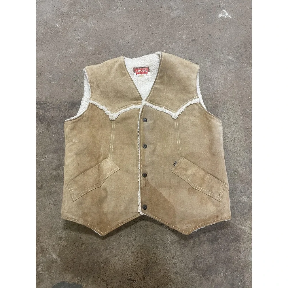 Vintage Levi's Vest‎ Mens Medium Beige Suede Sherpa Lined Western 60608-9724